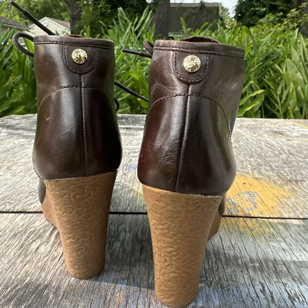 Michael Kors Rory Wedge Booties Brown Leather Ankle Chukka Boots Lace Up 8M 320